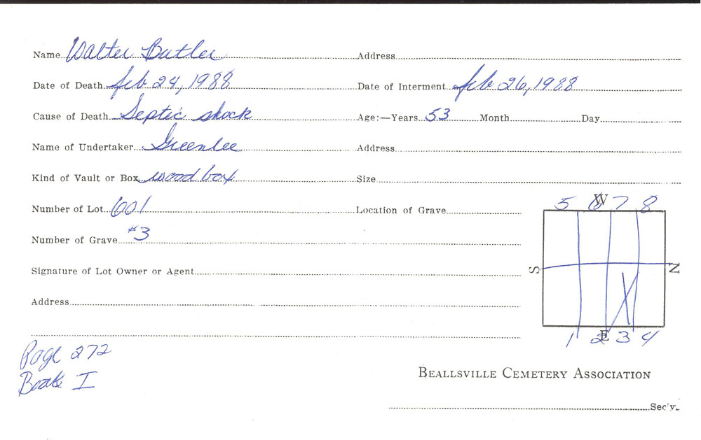 Walter Butler burial card
